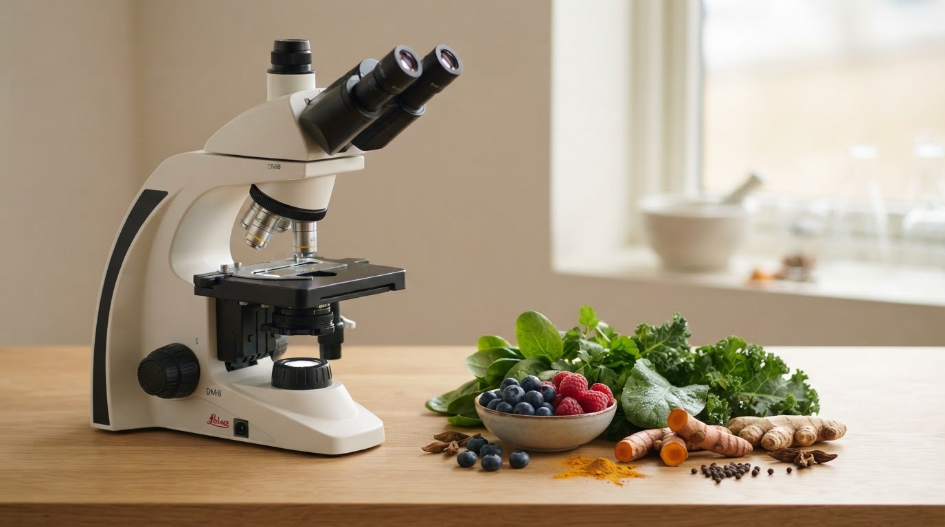 A microscope beside fresh berries, leafy greens, and spices representing anti-inflammatory health