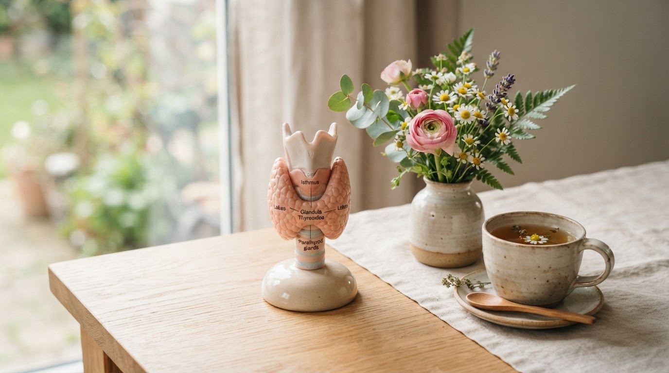 A thyroid anatomical model beside fresh flowers and herbal tea, representing hormonal and thyroid health