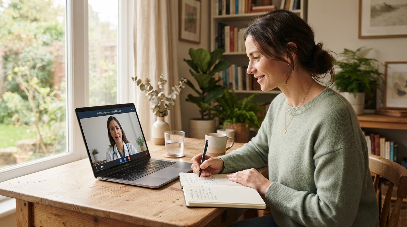 A woman attending a virtual cardiology consultation from home