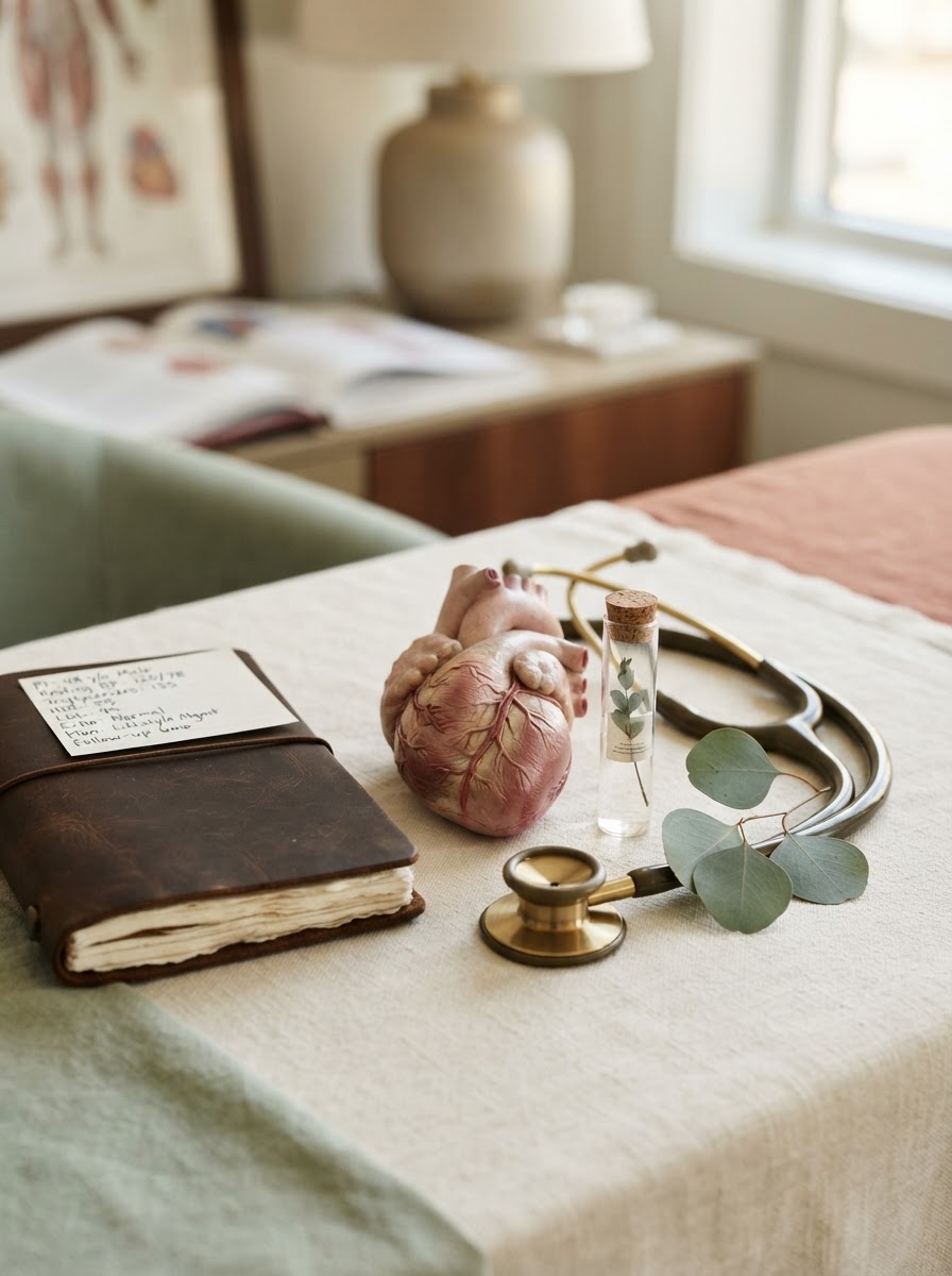 A refined clinical still life - stethoscope, heart model, and lab notes representing PreciMed's metabolic cardiology focus