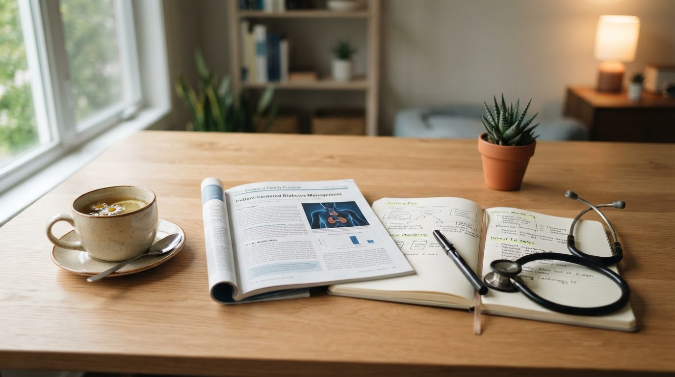 An open medical journal with tea and a stethoscope for patient education