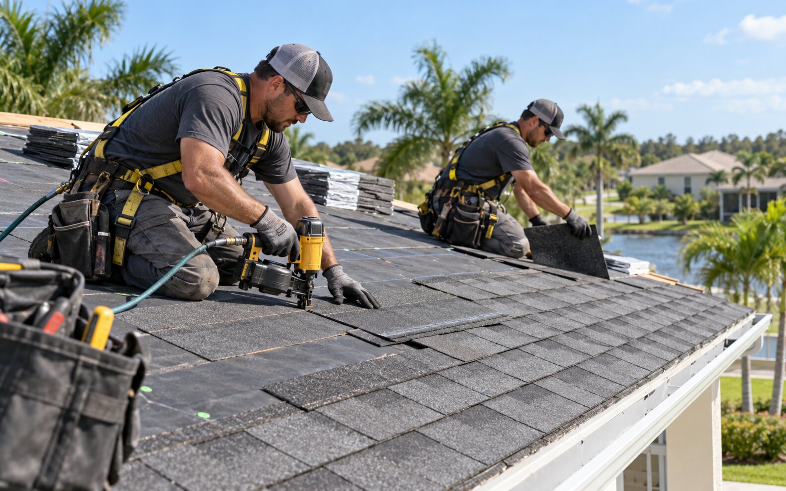 Equipo instalando tejas nuevas