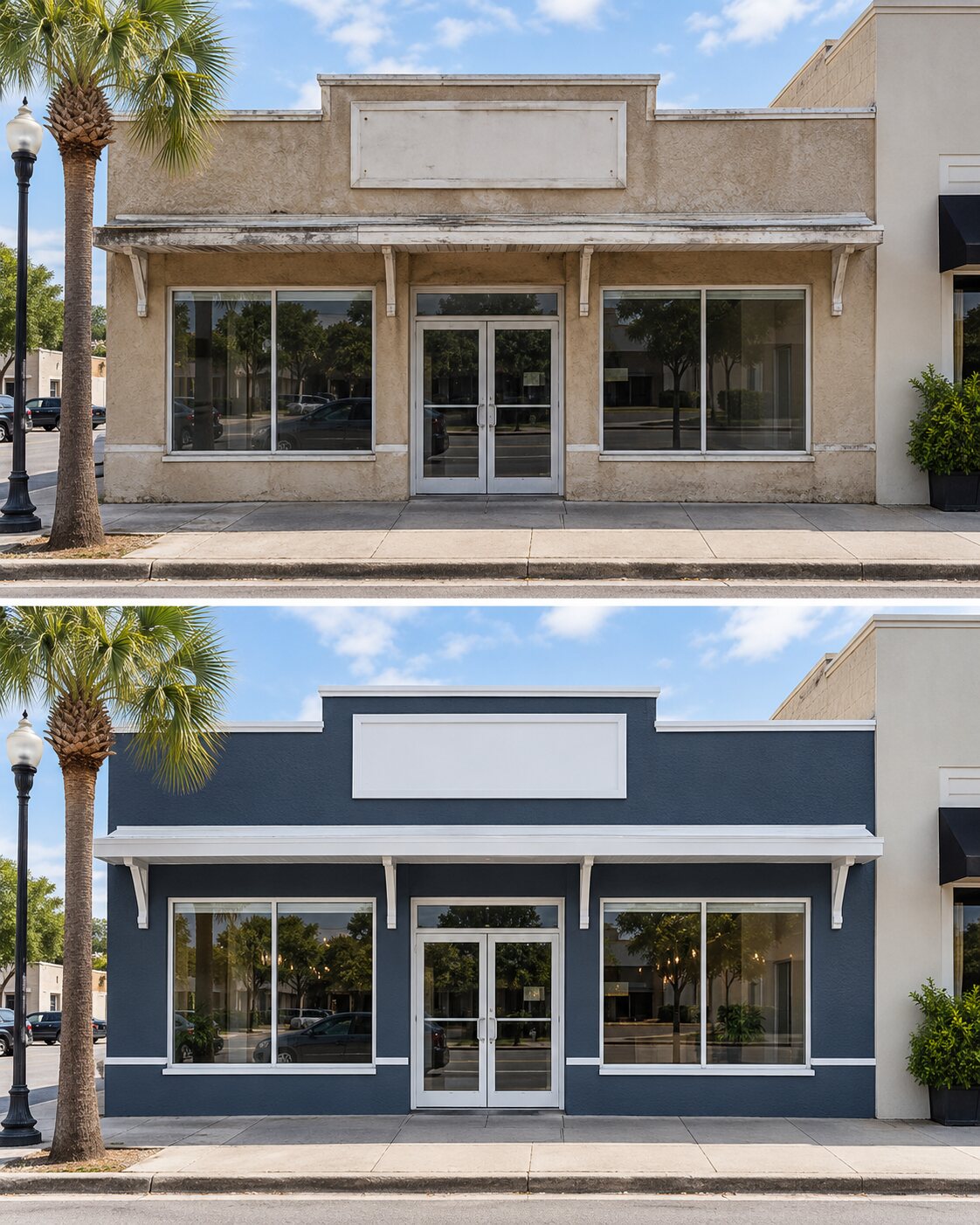 Antes y después de la fachada de un local comercial