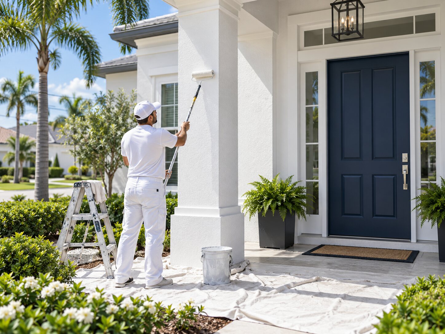 Pintor trabajando cuidadosamente en el exterior de una vivienda