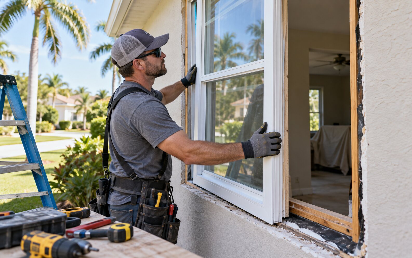 Profesional reemplazando una ventana residencial