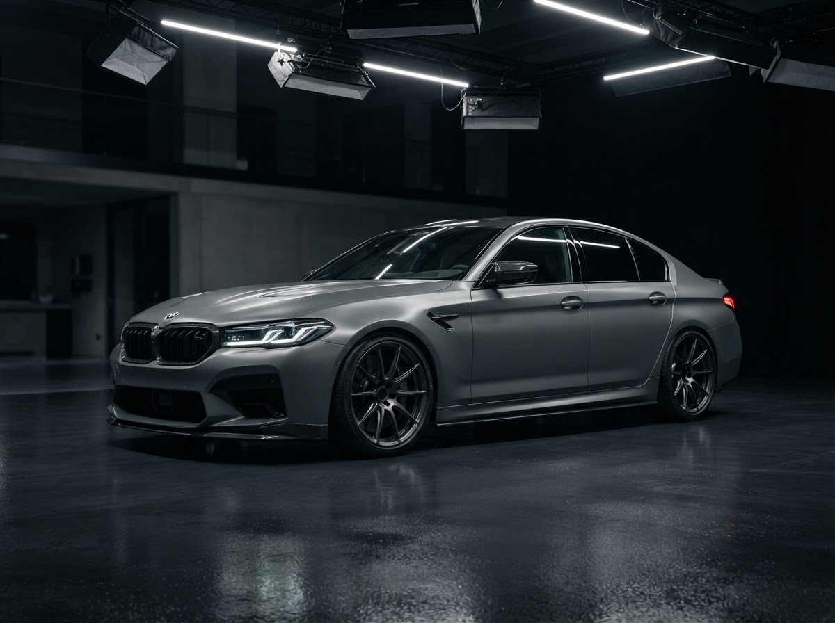 Finished matte grey wrapped performance sedan