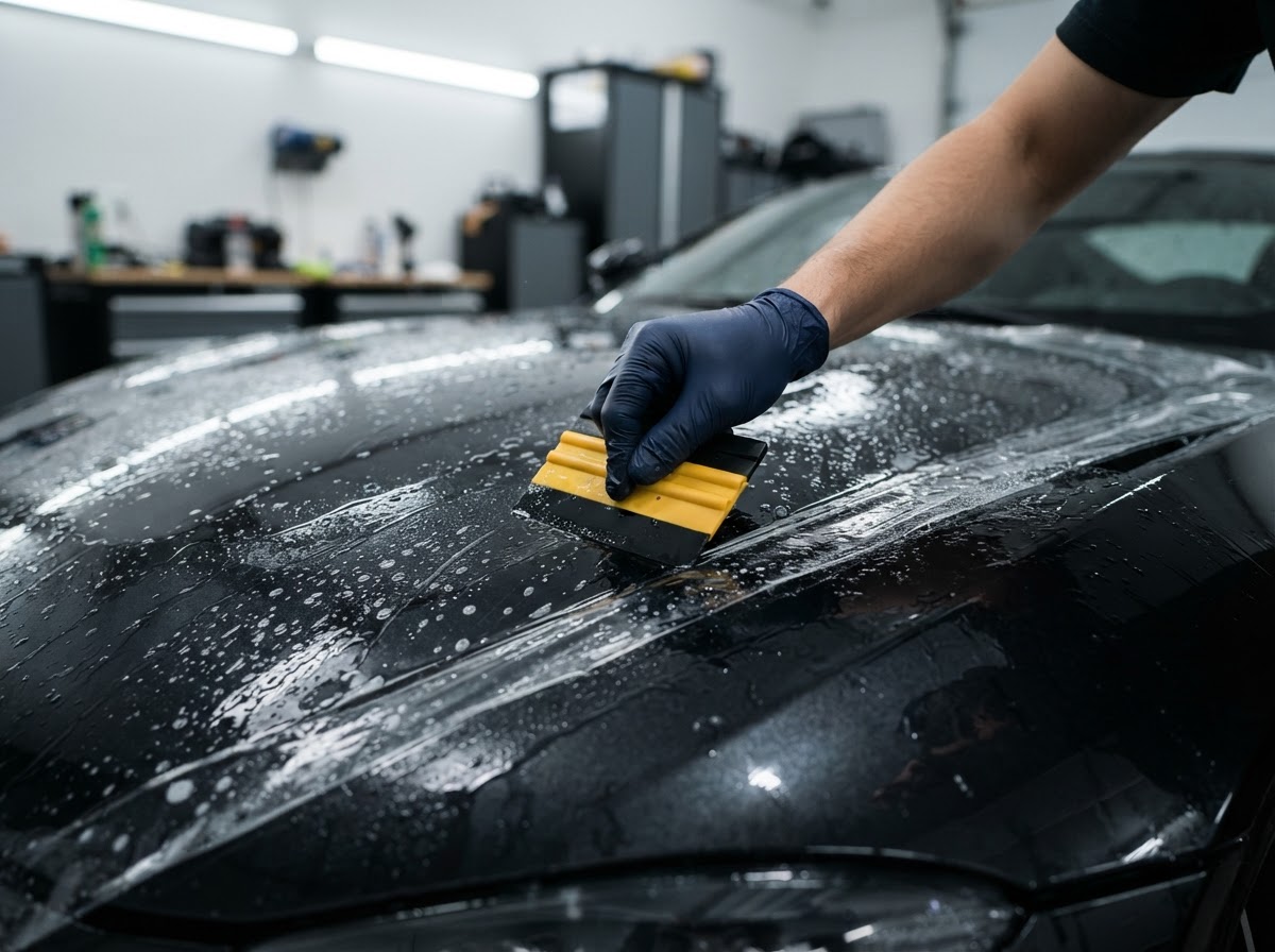 Paint protection film being applied to a luxury car hood