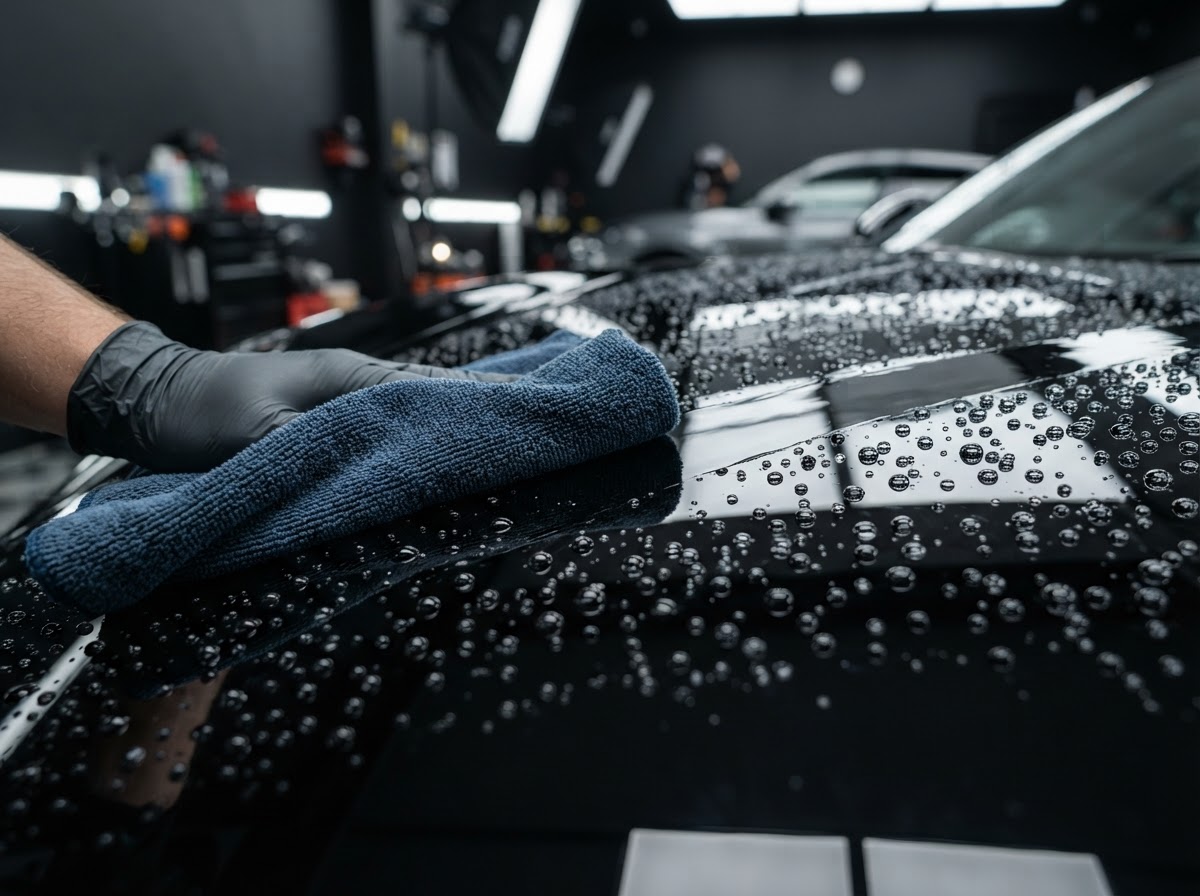 Ceramic coating causing water to bead on a black car panel