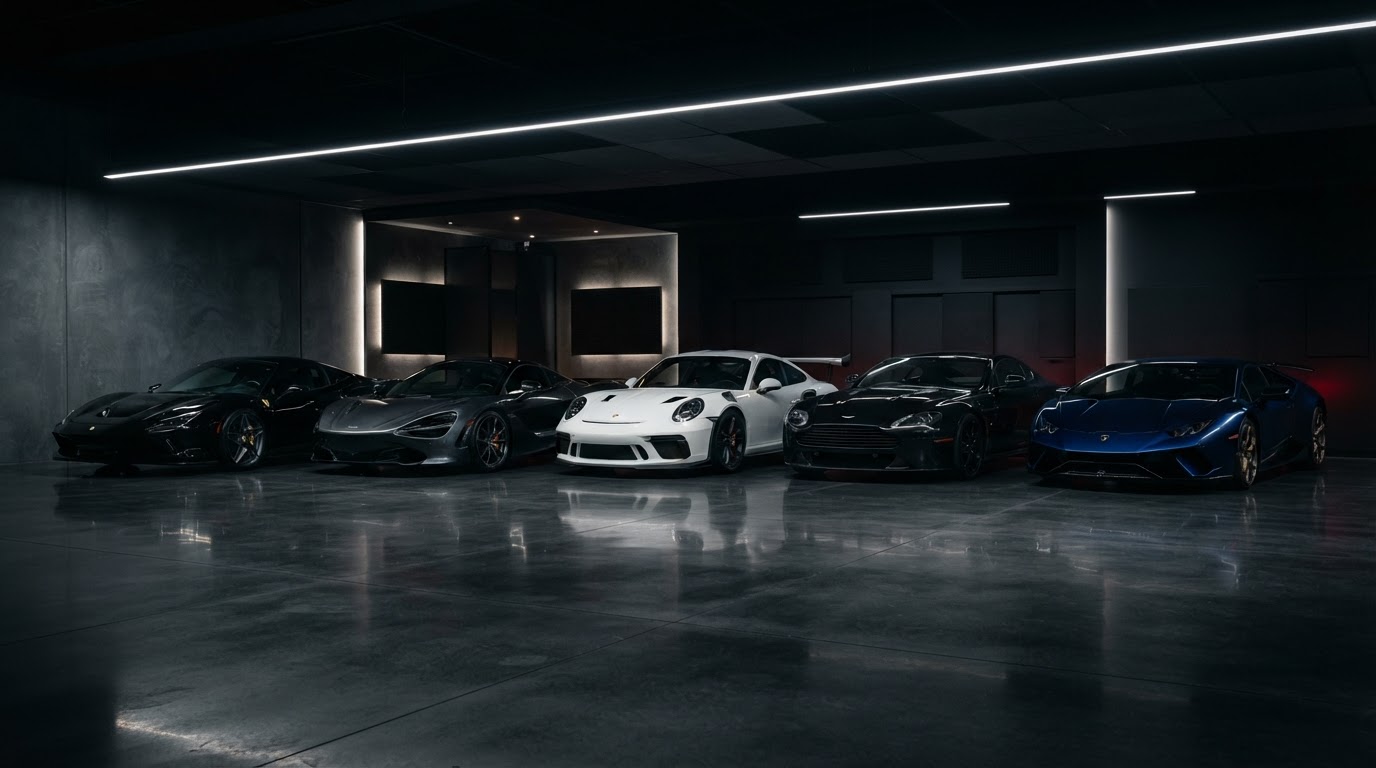 Row of freshly detailed luxury vehicles in a dark studio