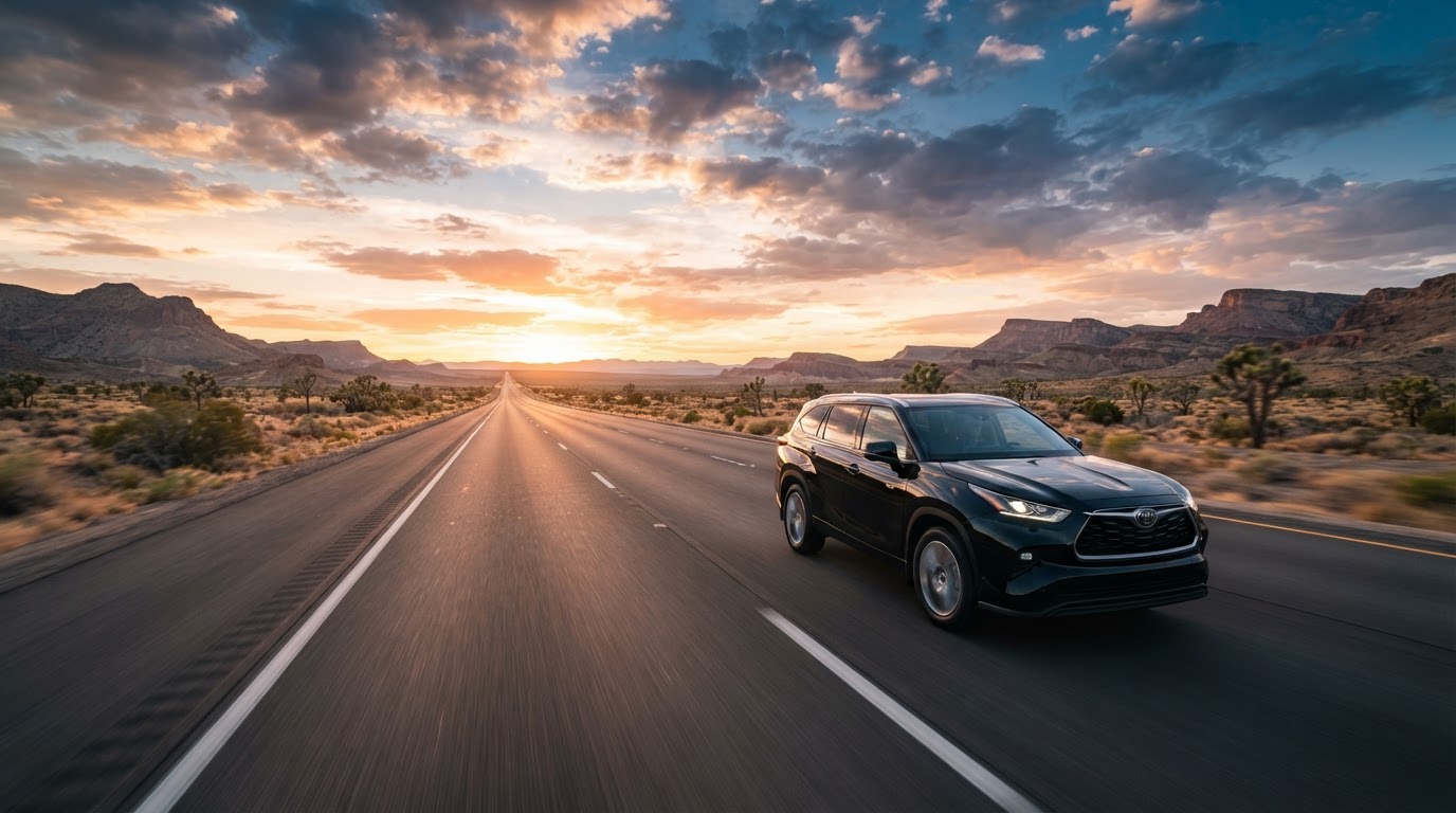 SUV negra Toyota Highlander en carretera abierta al atardecer