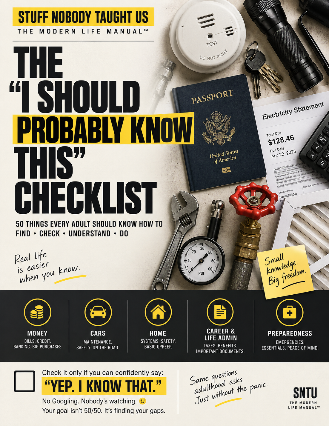 The “I Should Probably Know This” Checklist — official SNTU cover, 50 things every adult should know