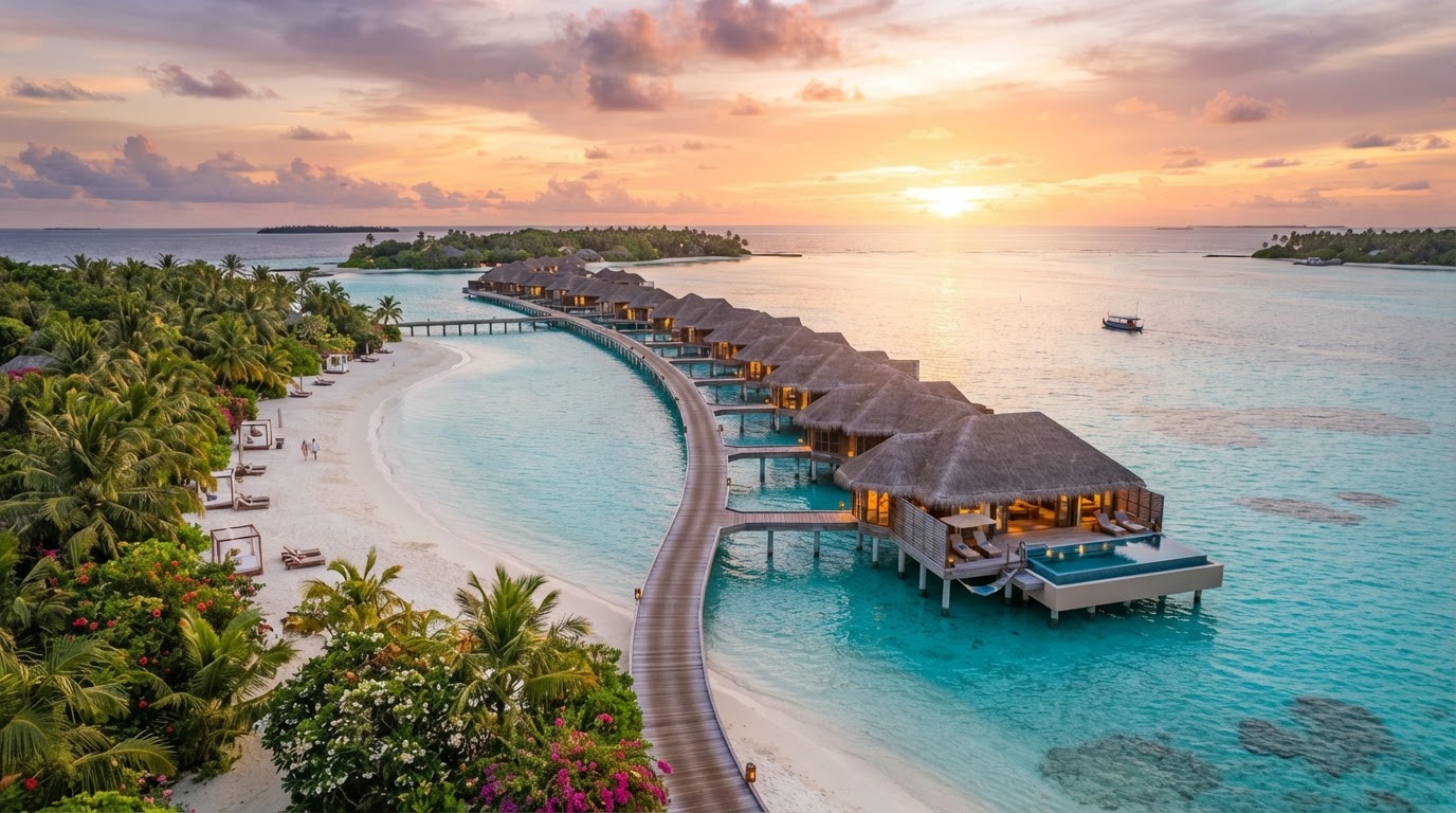 Tropical Nirvana overwater villas at sunset