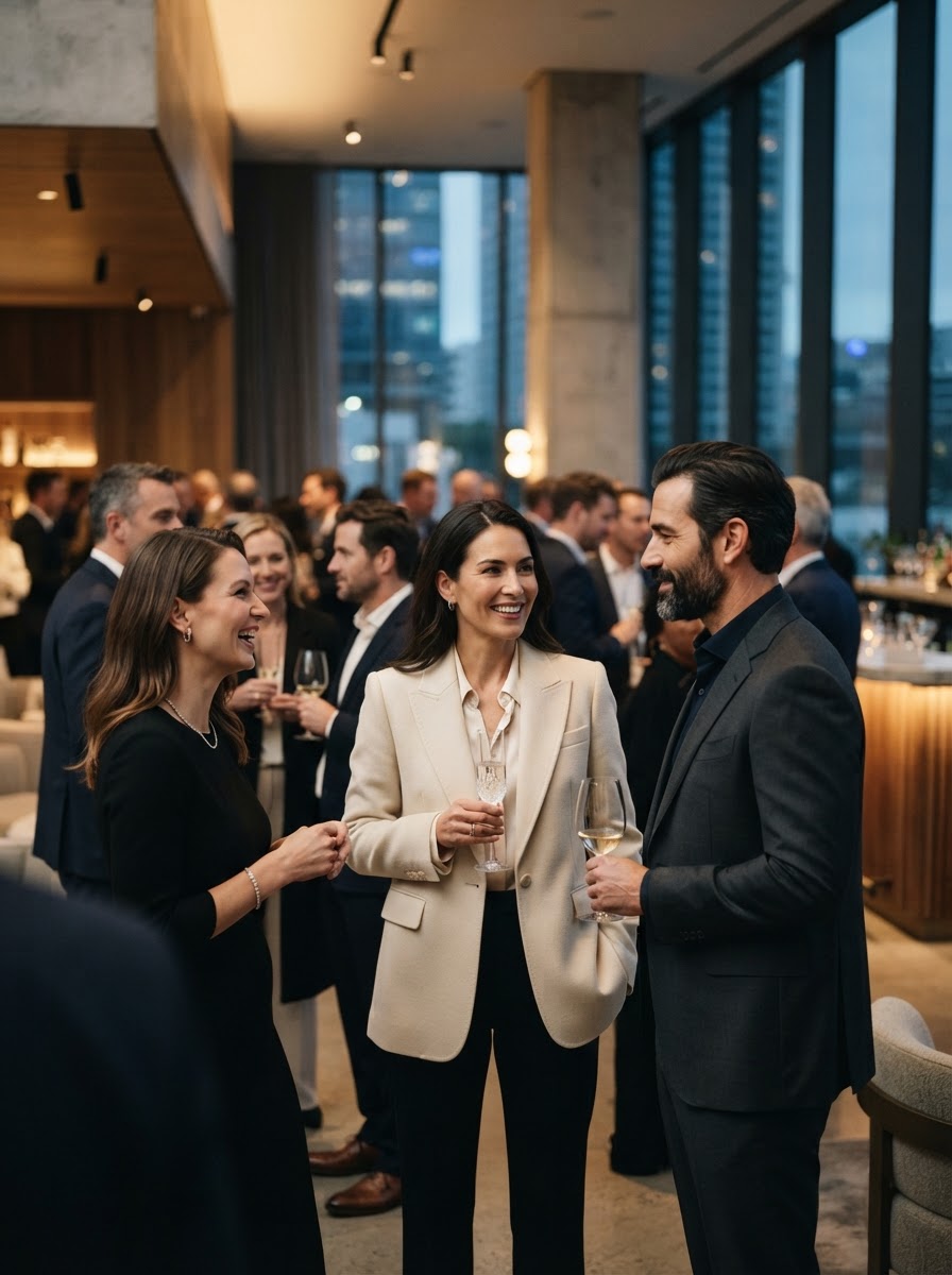 Sophisticated professionals networking at a contemporary event