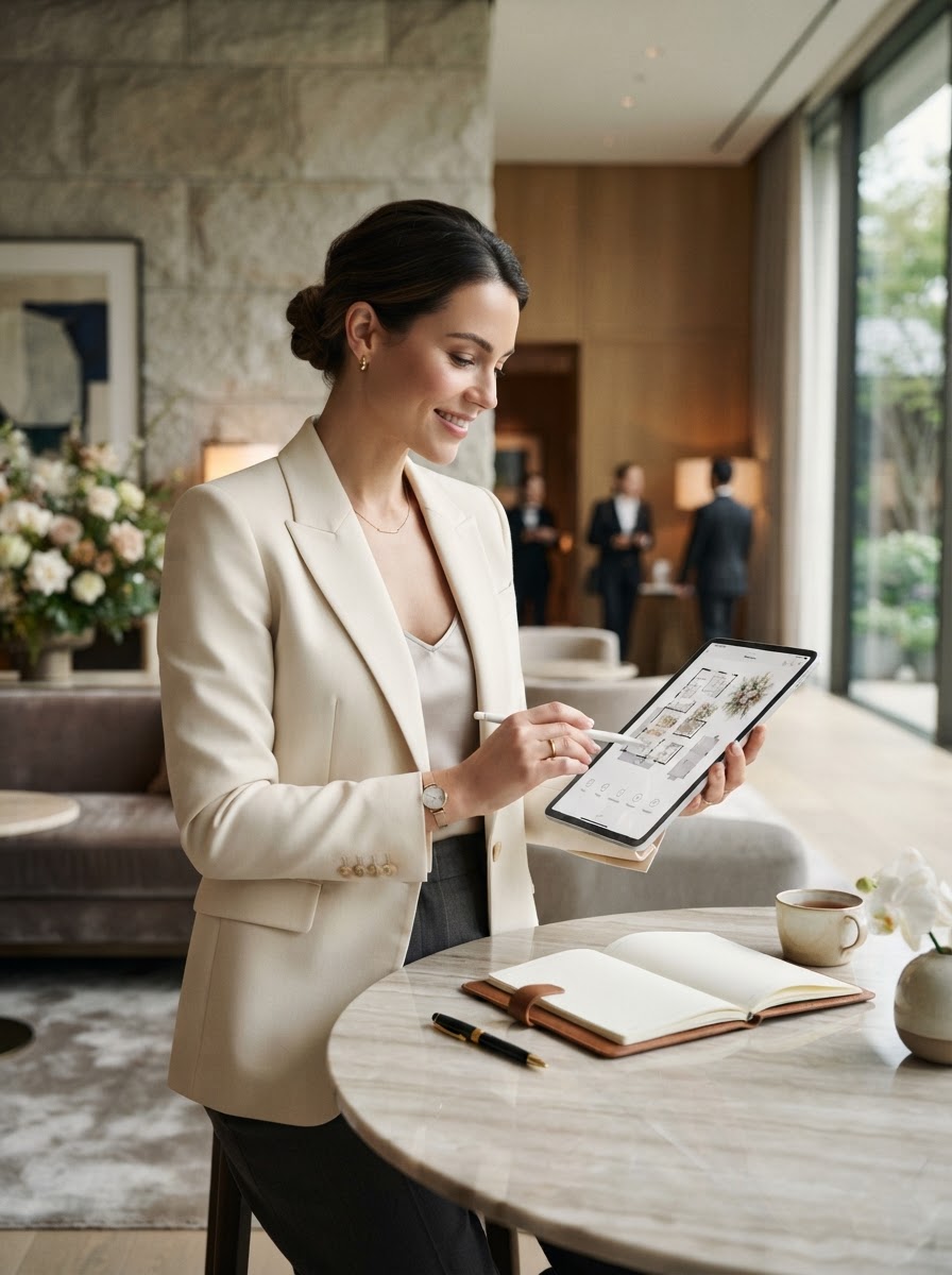 An event planner reviewing details on a tablet