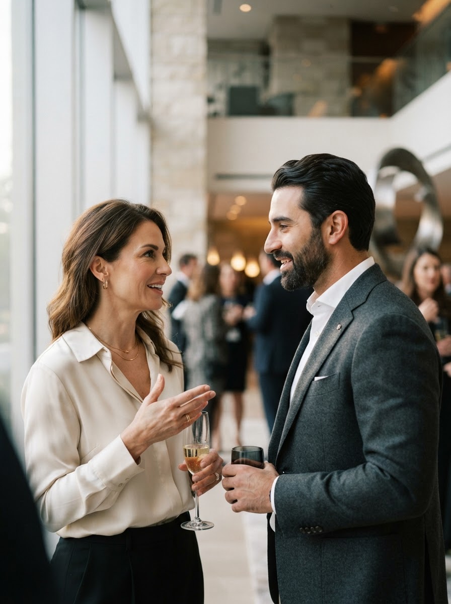 Two professionals deeply engaged in conversation