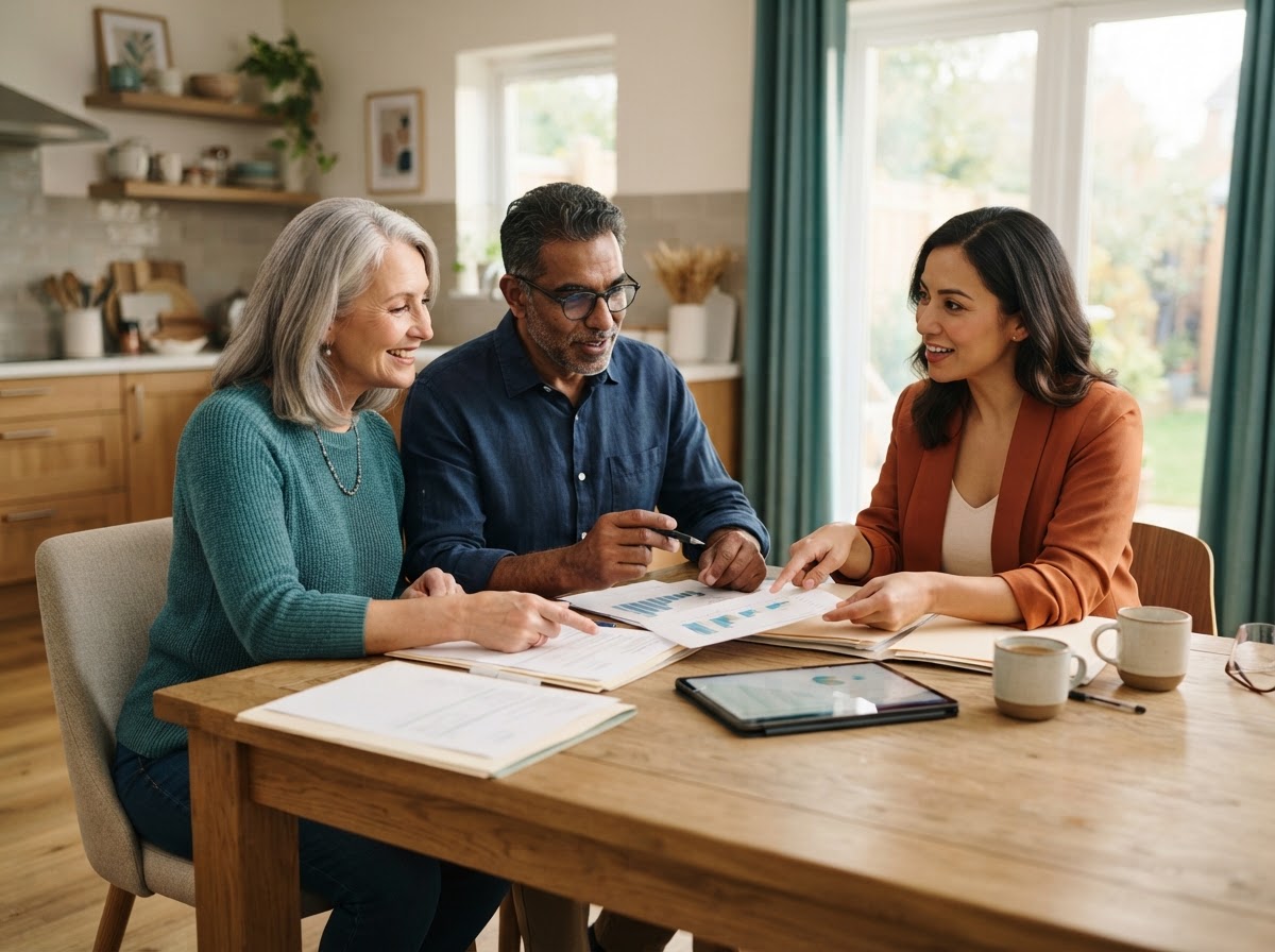 A couple reviewing Medicare coverage options with a friendly advisor at a bright kitchen table