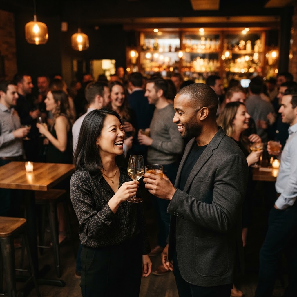 A man and a woman meeting for the first time and raising a glass at a lively, warm-lit social event