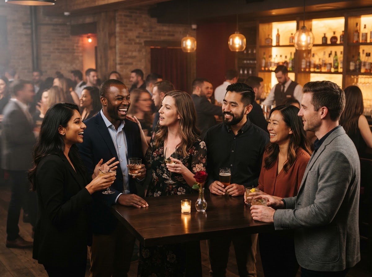 A balanced group of men and women mingling and laughing in a warm-lit Toronto cocktail lounge
