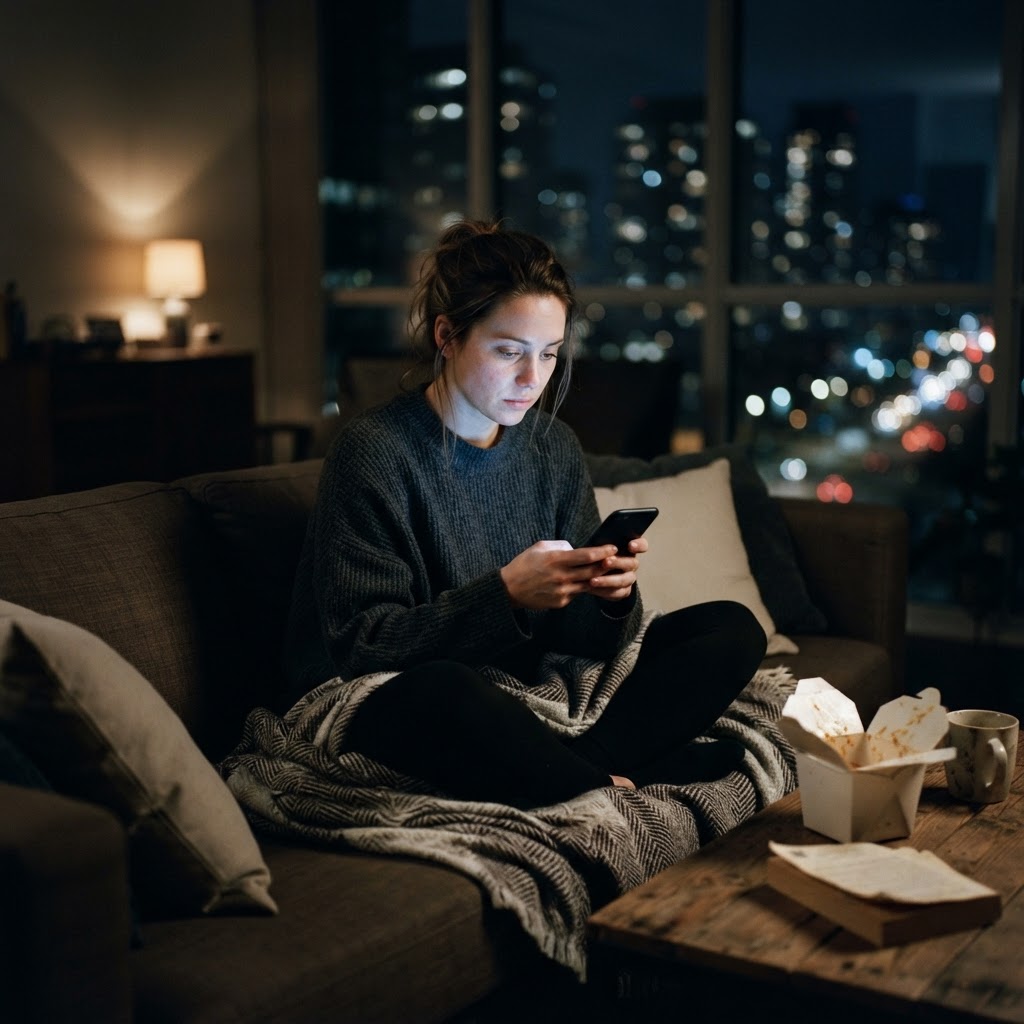 A woman alone on her sofa at night, bored and scrolling on her phone