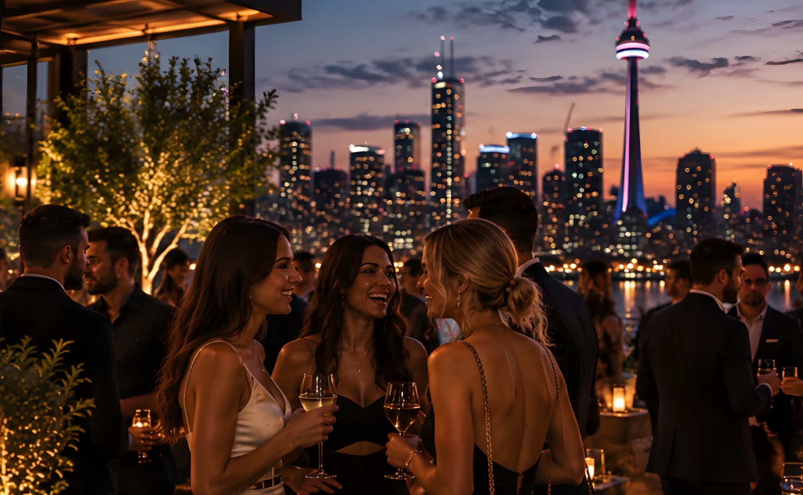 Three women laughing together over glasses of wine at a rooftop party at dusk, with city lights glowing behind them