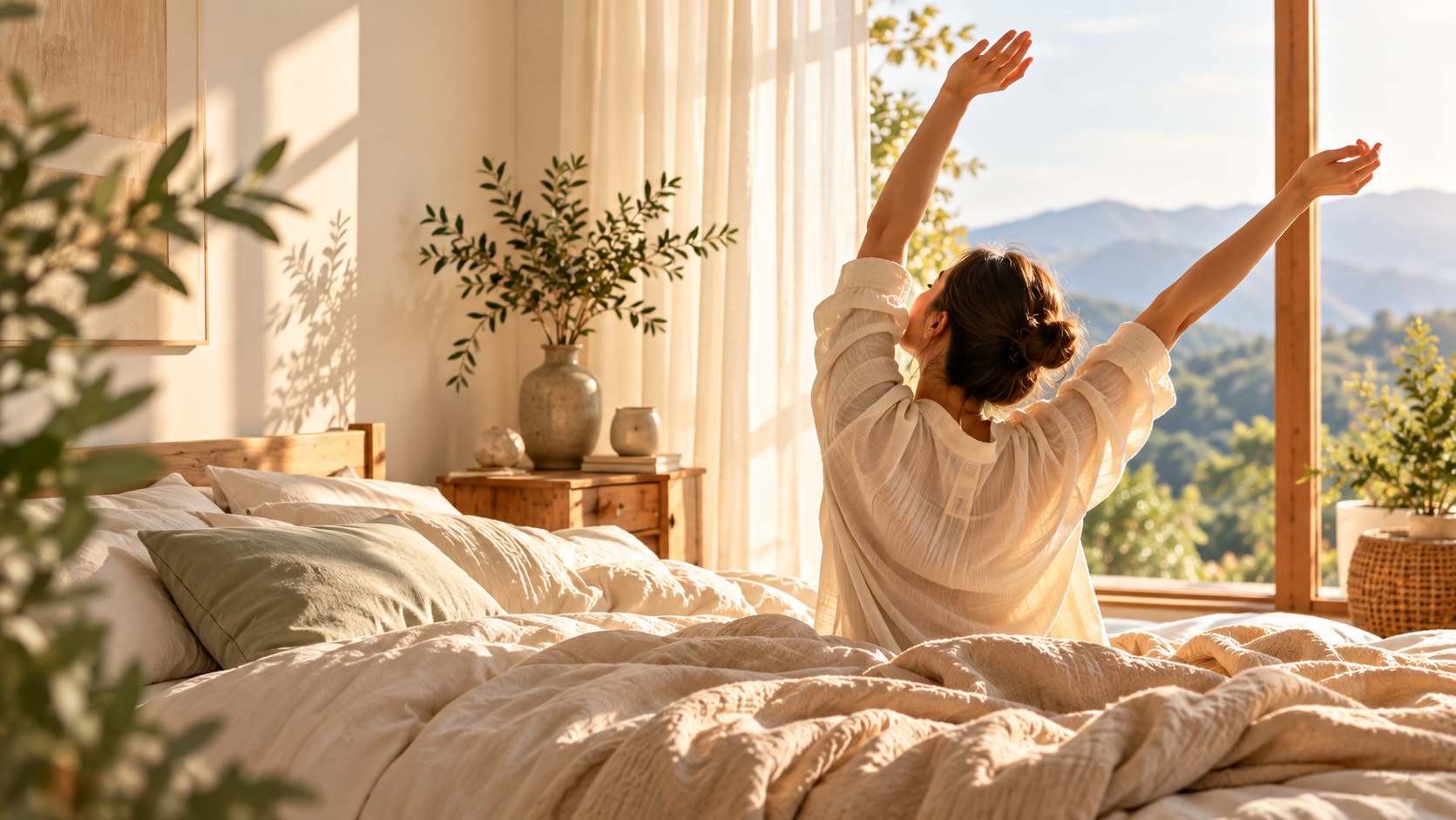 A woman sitting on the edge of her bed in a bright peaceful bedroom, beginning a gentle morning stretch