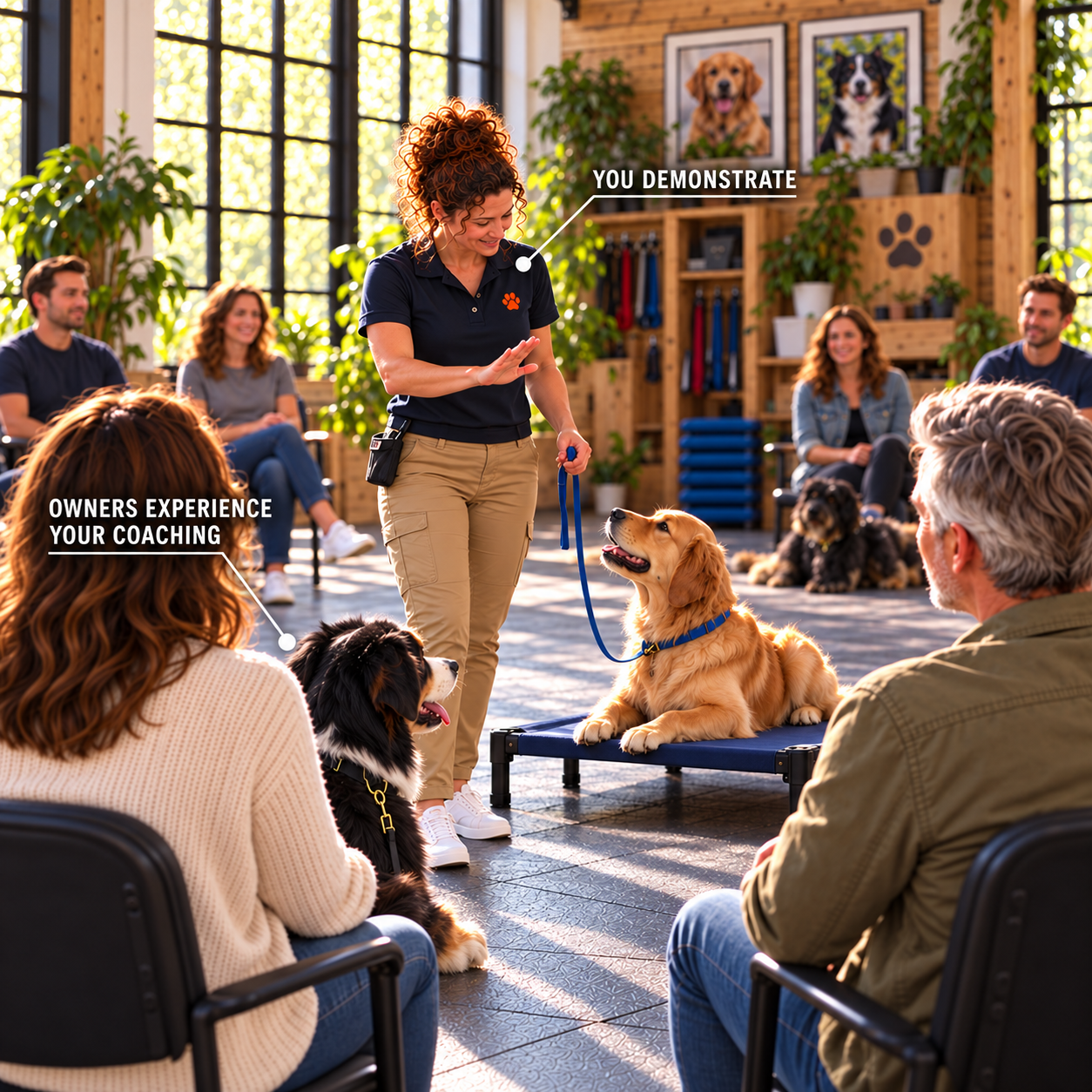 One-to-one explaining contrasted with leading a dog-training workshop room