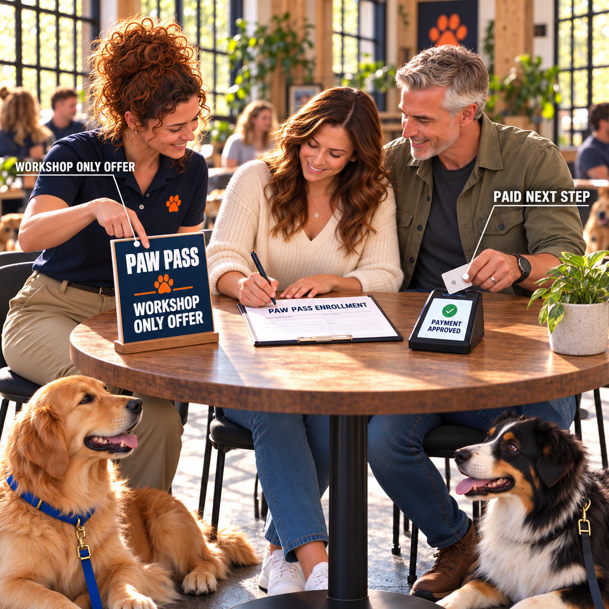 Workshop conversation presenting a workshop-only offer to a dog owner