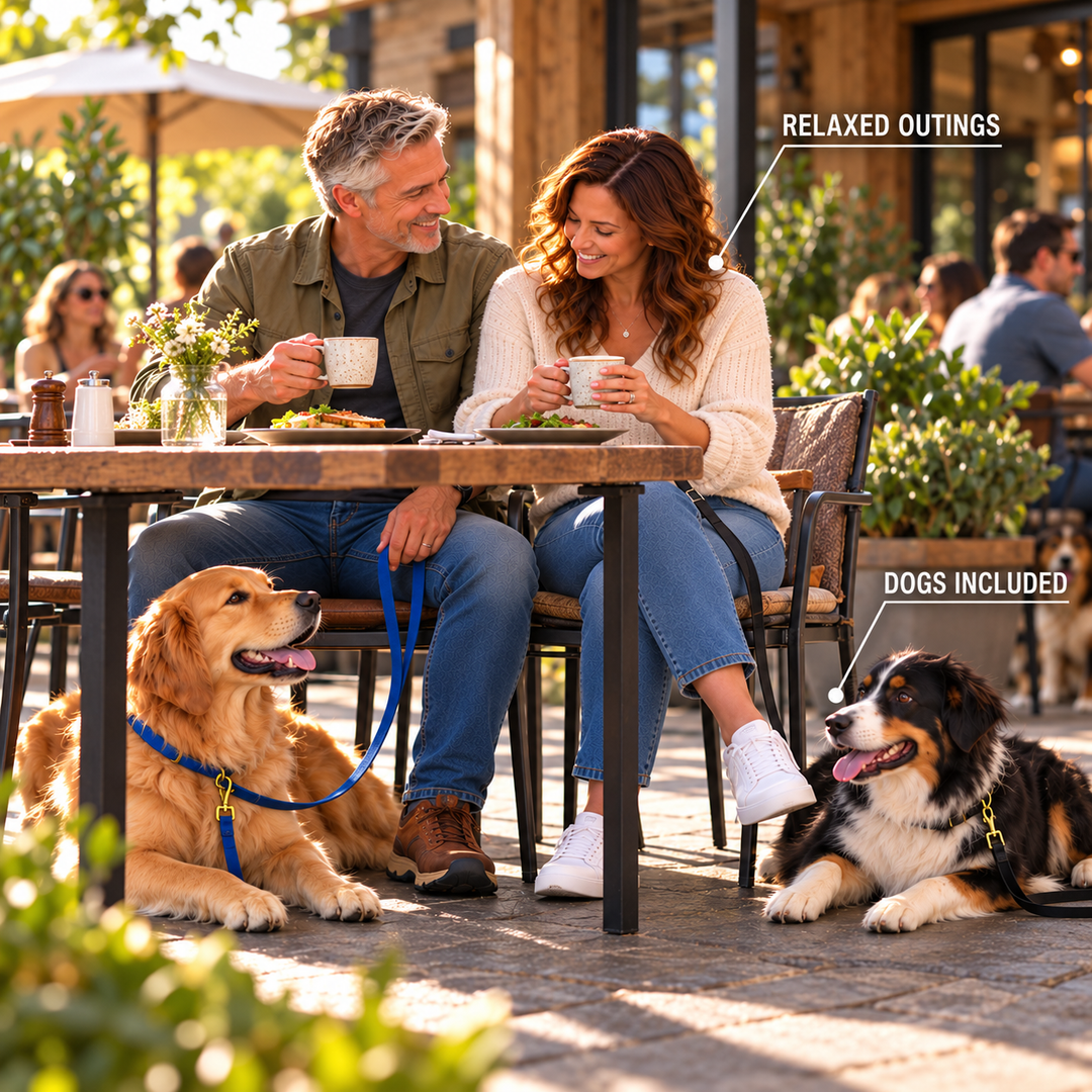 What dog owners pictured: relaxed outings, dogs calmly included at outdoor cafes