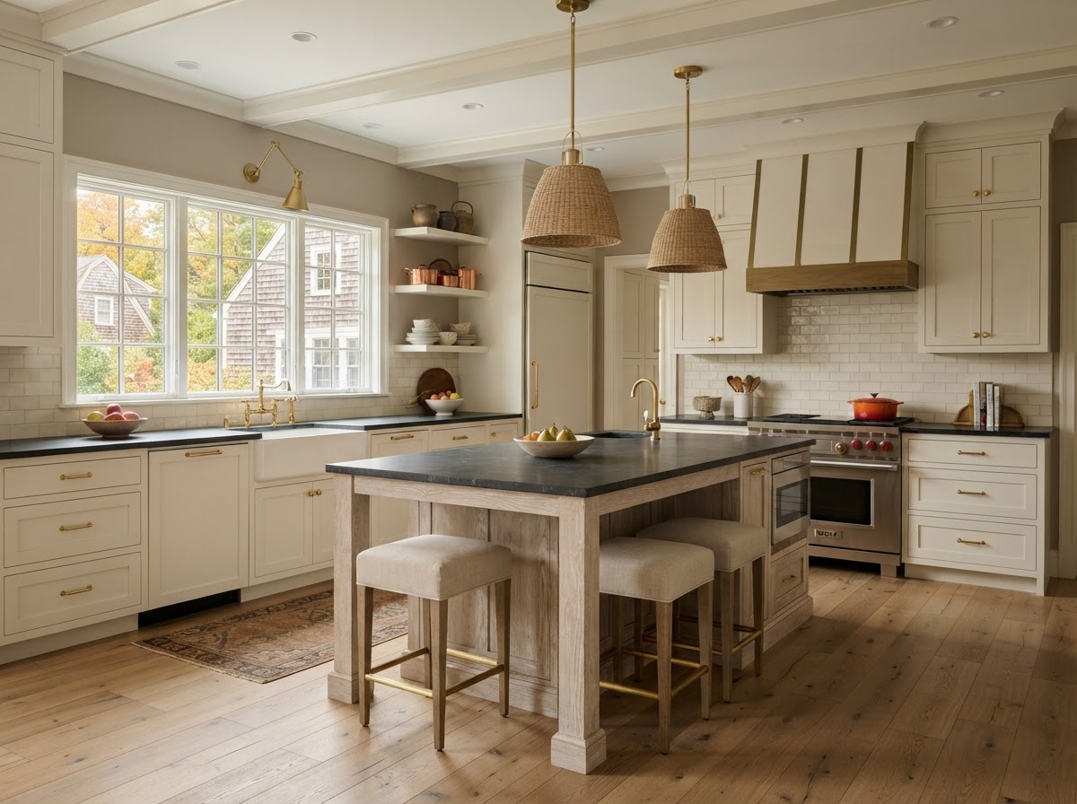 Remodeled kitchen with off-white shaker cabinetry, soapstone counters, and a central island