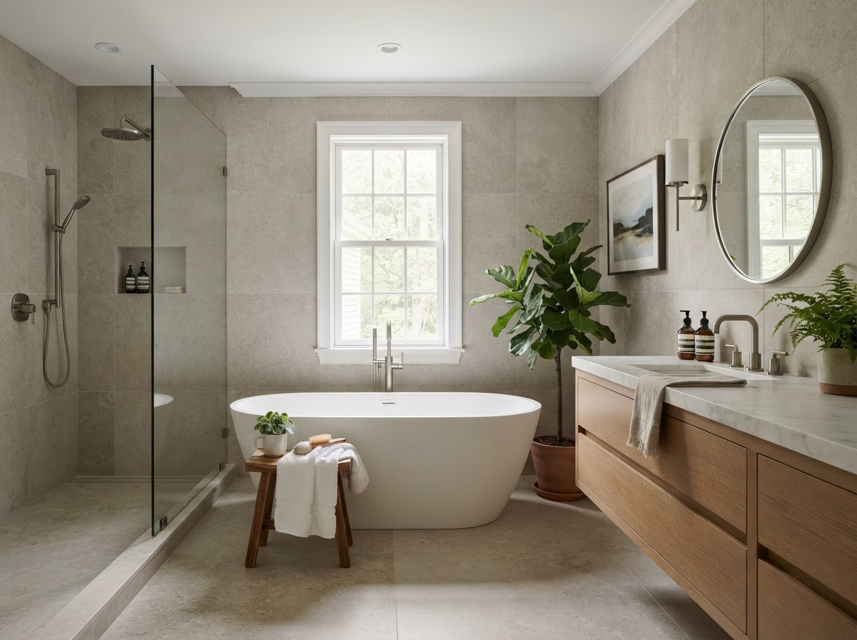 Spa-like remodeled primary bathroom with freestanding tub and limestone tile