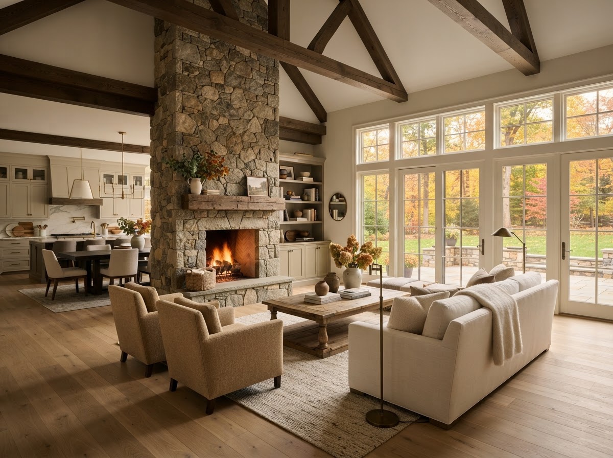 Whole-home renovated living room with stone fireplace and wide-plank oak floors