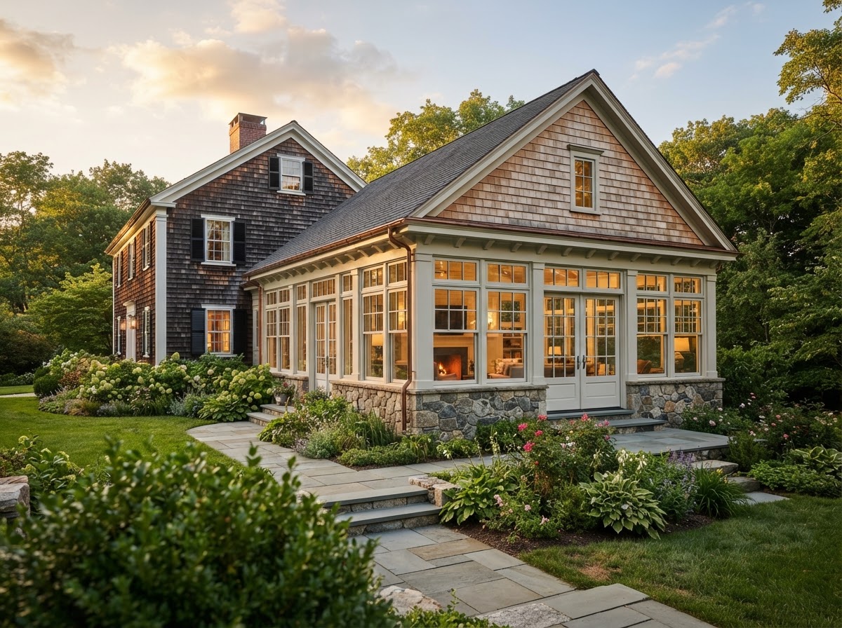 Sunroom addition on colonial home with tall windows and matching roofline