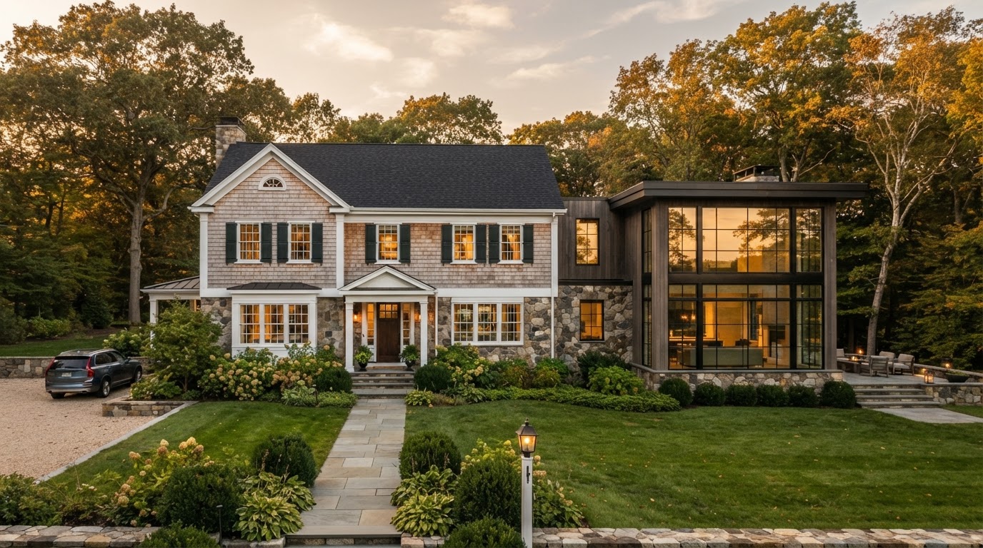 Custom Connecticut home exterior with warm shingle and stone detailing