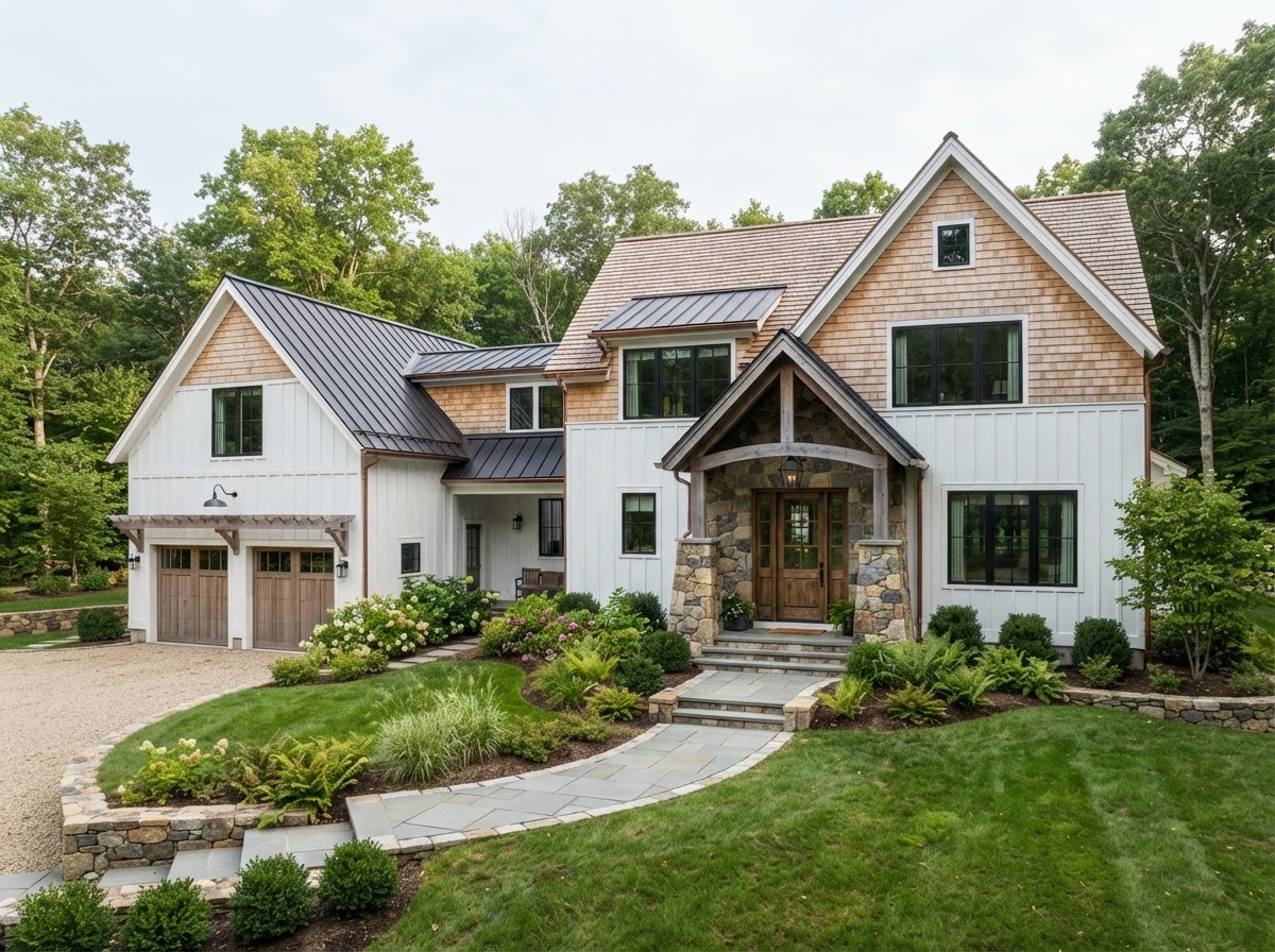 Newly built New England custom home exterior at sunset