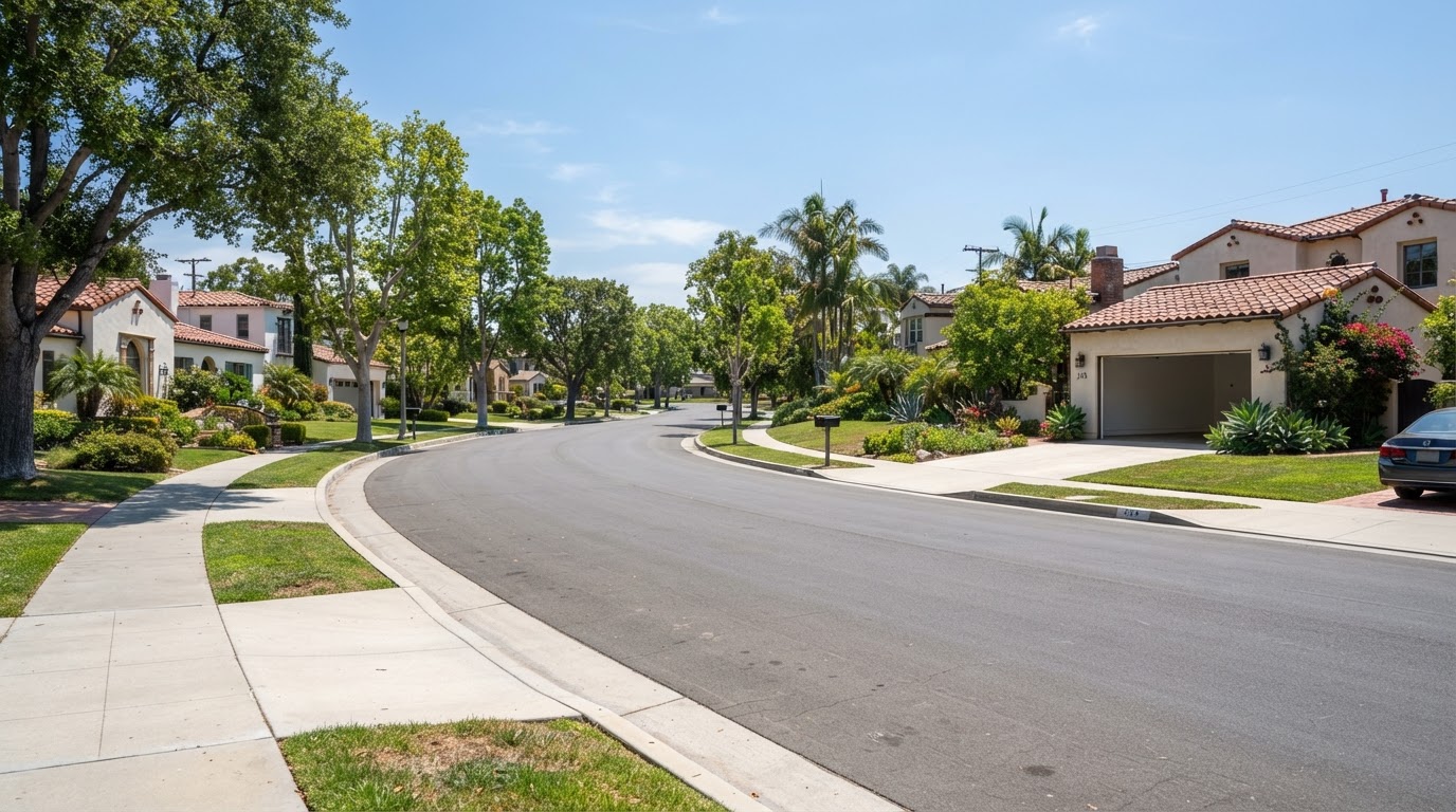 Santa Clara County residential streetscape with concrete hardscaping