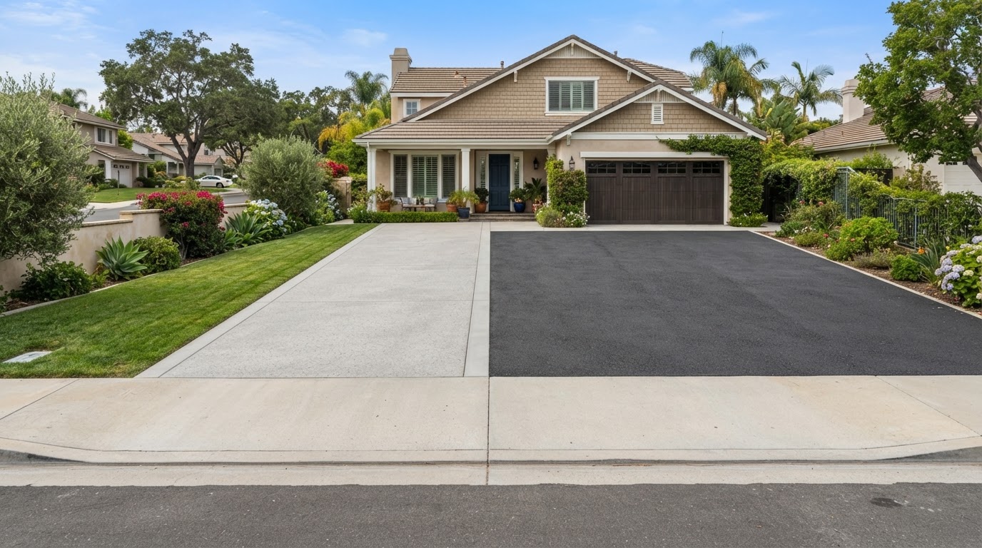 A driveway split between light gray concrete and black asphalt