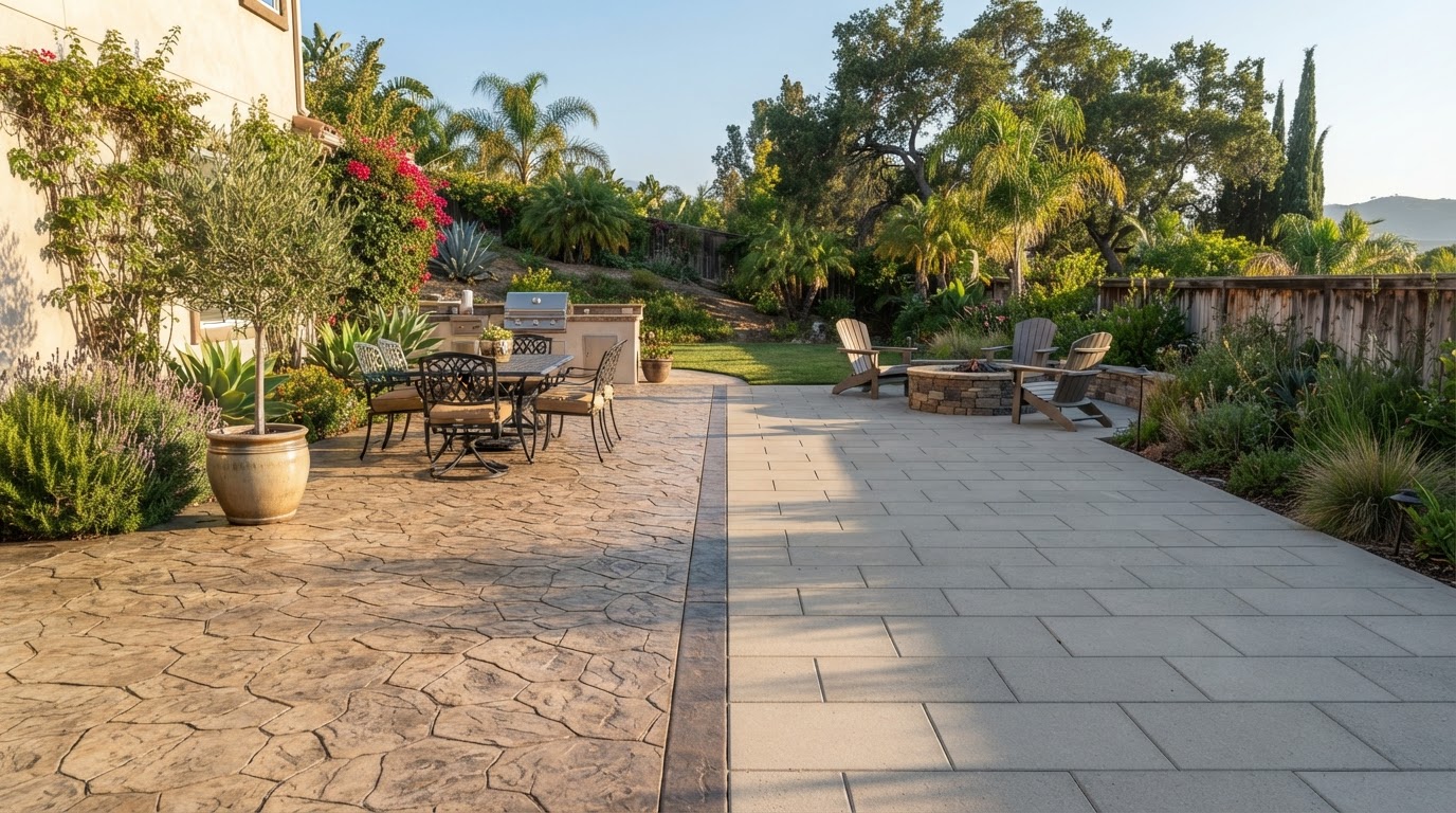 Patio showing stamped concrete beside neat concrete pavers
