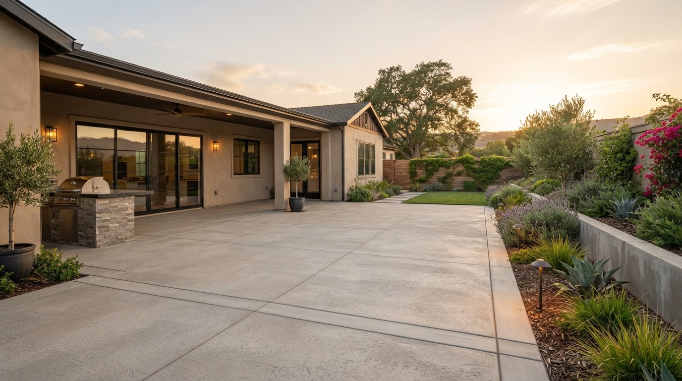 Spacious finished concrete backyard patio with clean edges