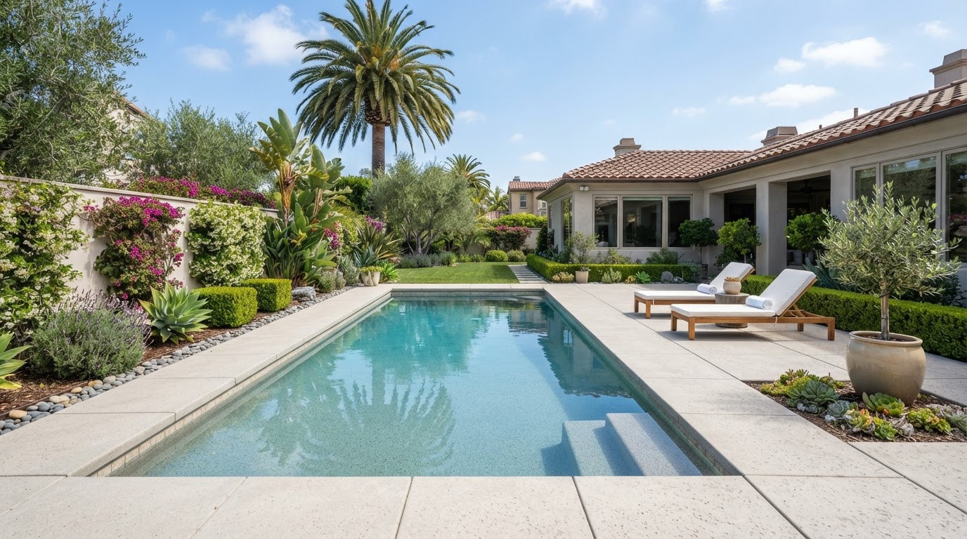 Concrete pool deck surrounding a residential swimming pool