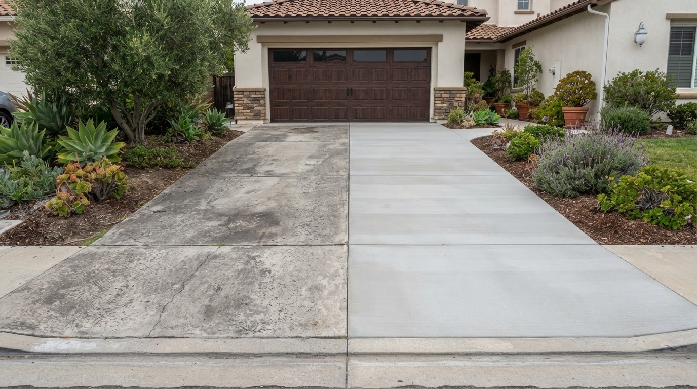 Older weathered concrete next to a freshly poured concrete surface