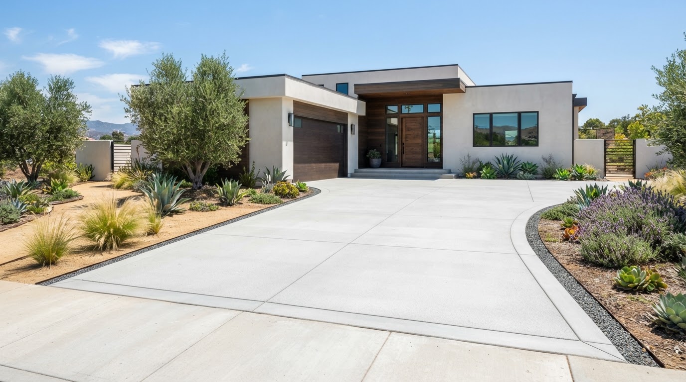 Newly finished smooth concrete driveway approaching a California home