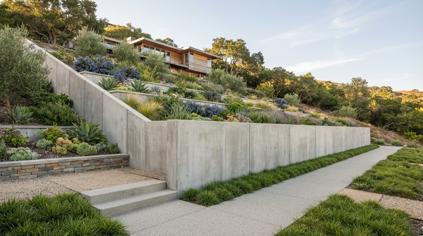 Concrete retaining wall holding back a sloped California landscape