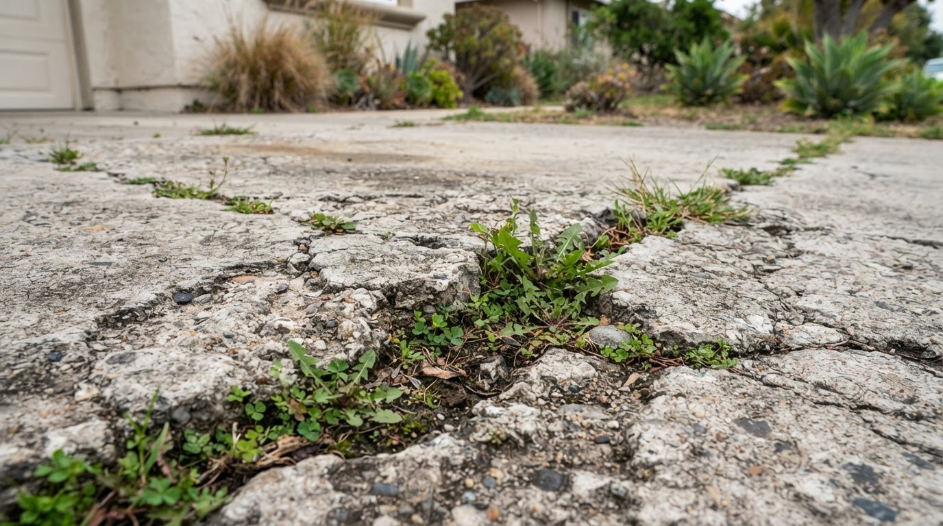 Cracked and spalling concrete driveway with weeds growing in the gaps