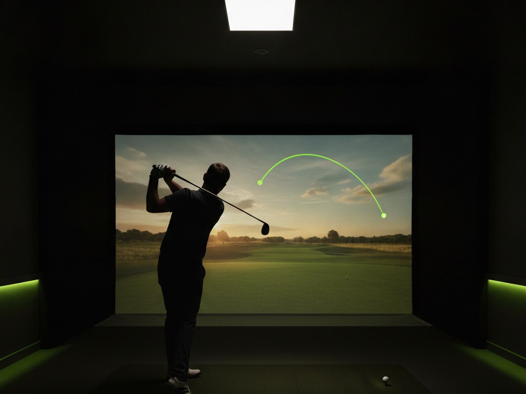 A golfer mid-swing in a North 18 simulator bay