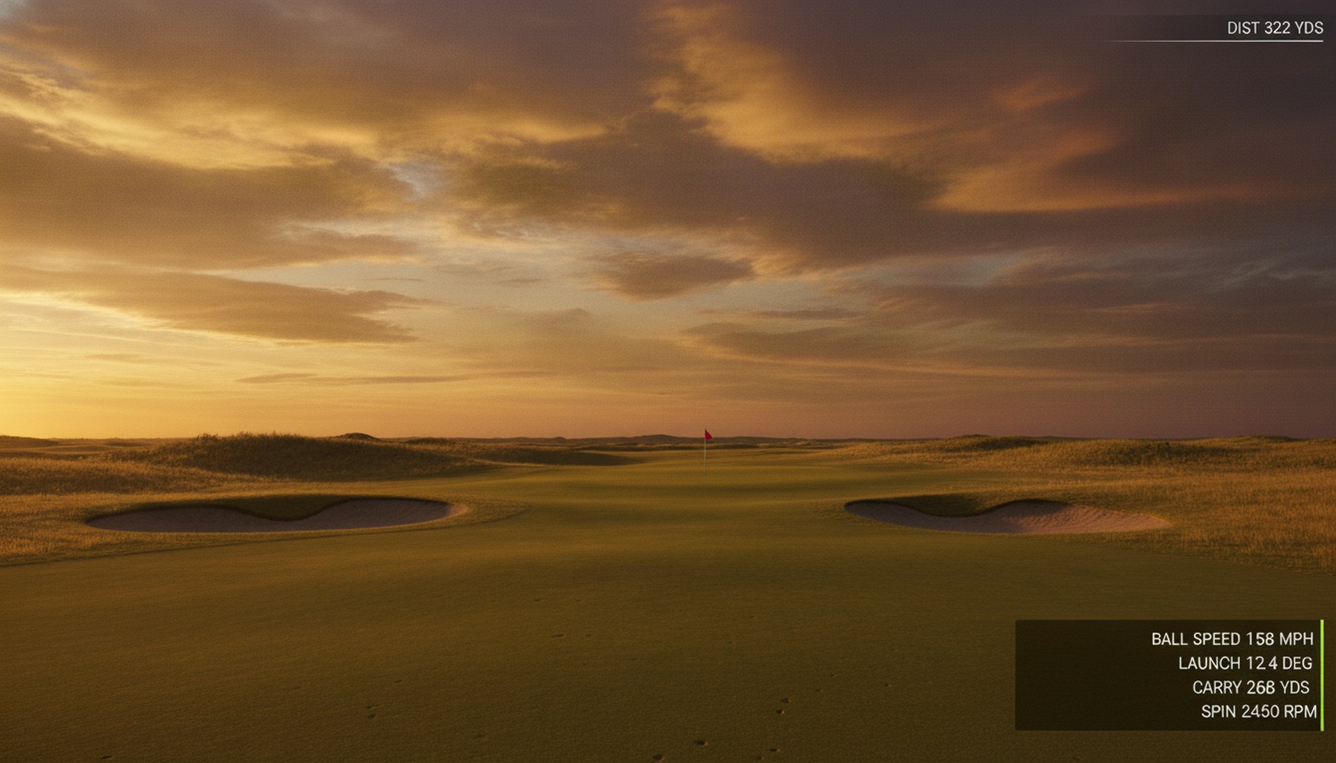 Simulated links golf hole with shot data readout