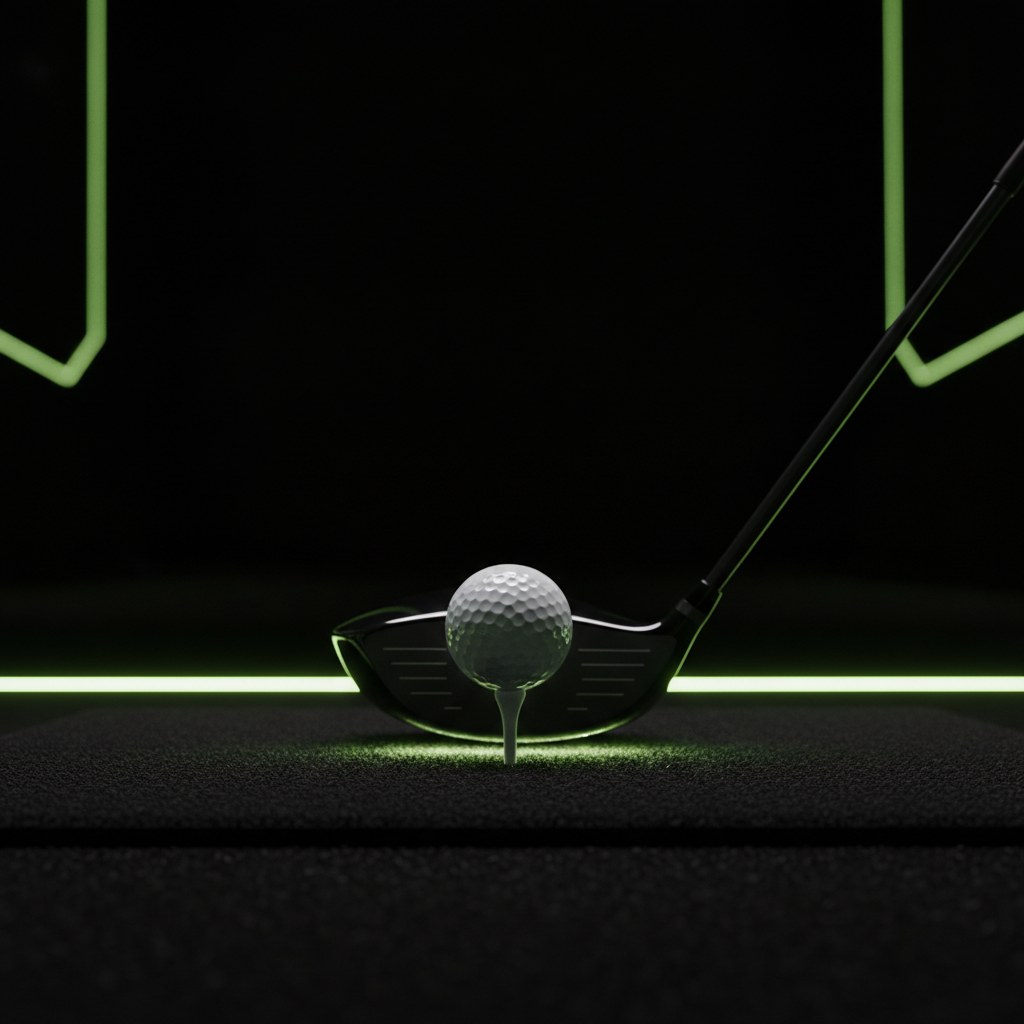 Golf ball on a tee in a simulator bay