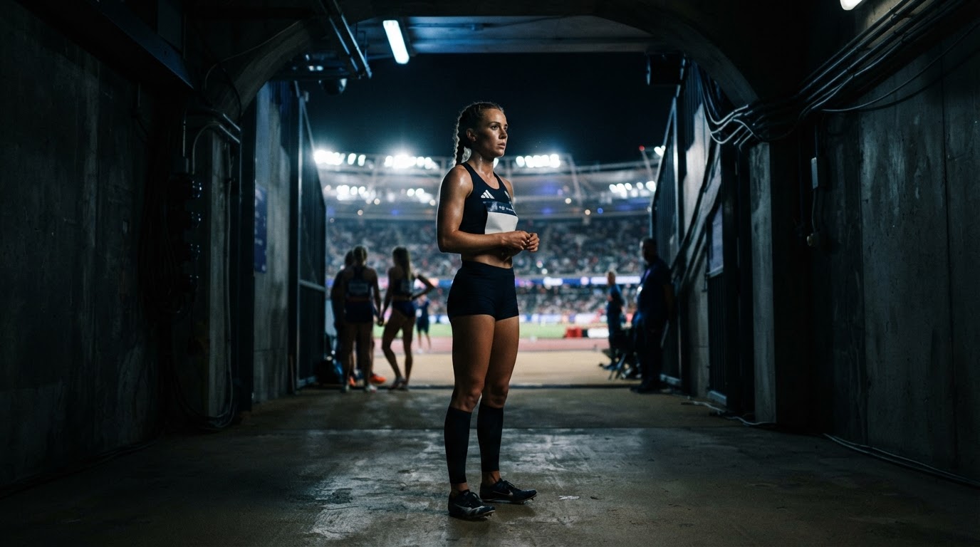 Sportlerin fokussiert im Stadiontunnel vor dem Wettkampf