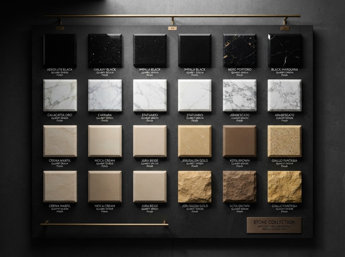 Polished granite and marble slab samples