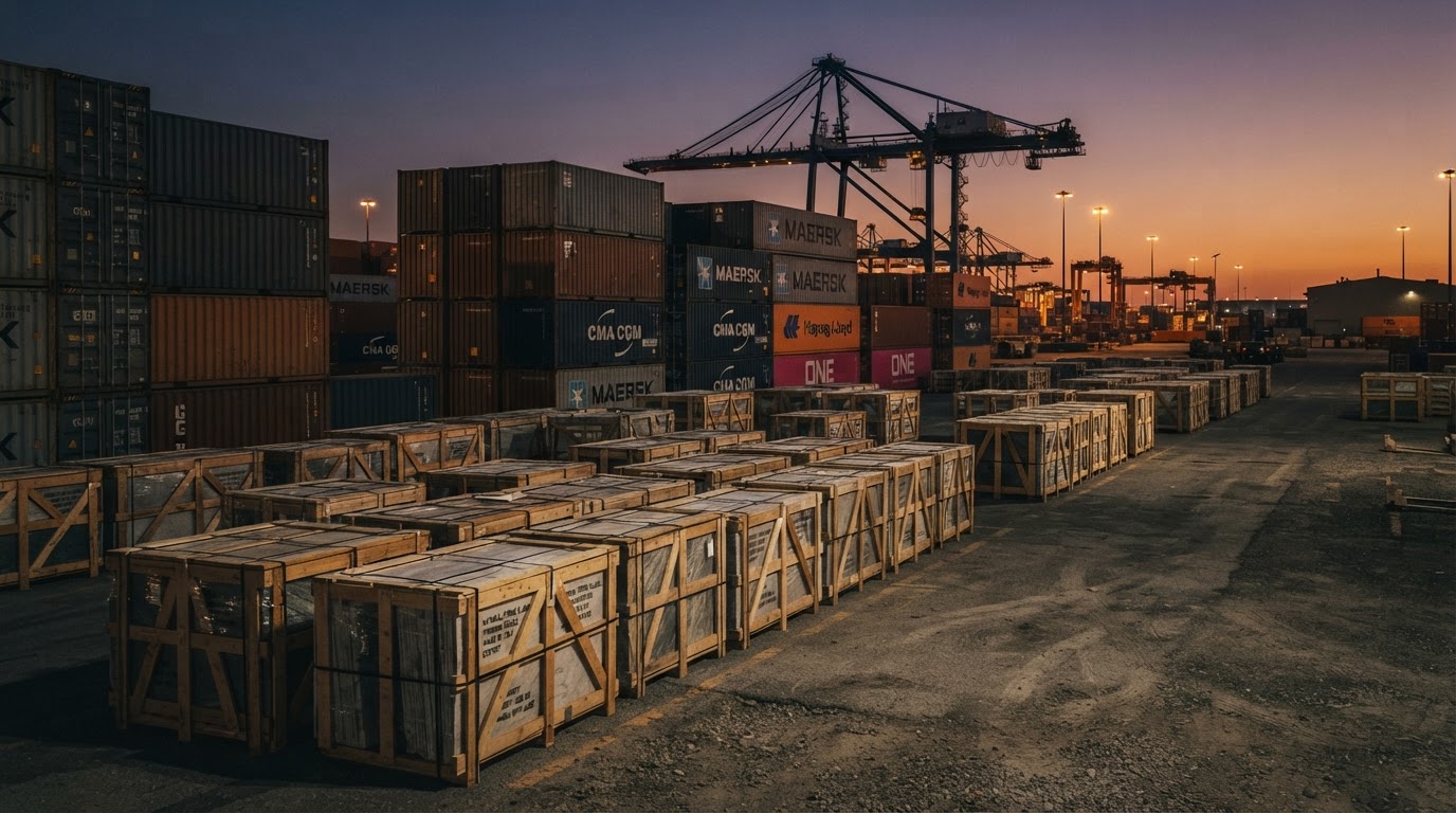 Packaged stone slabs and shipping containers ready for export