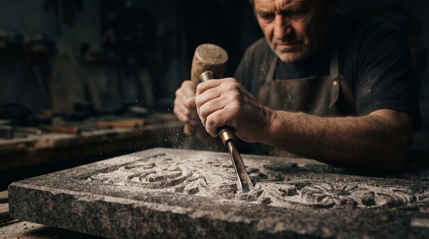 Hand-carving ornate stone relief detail